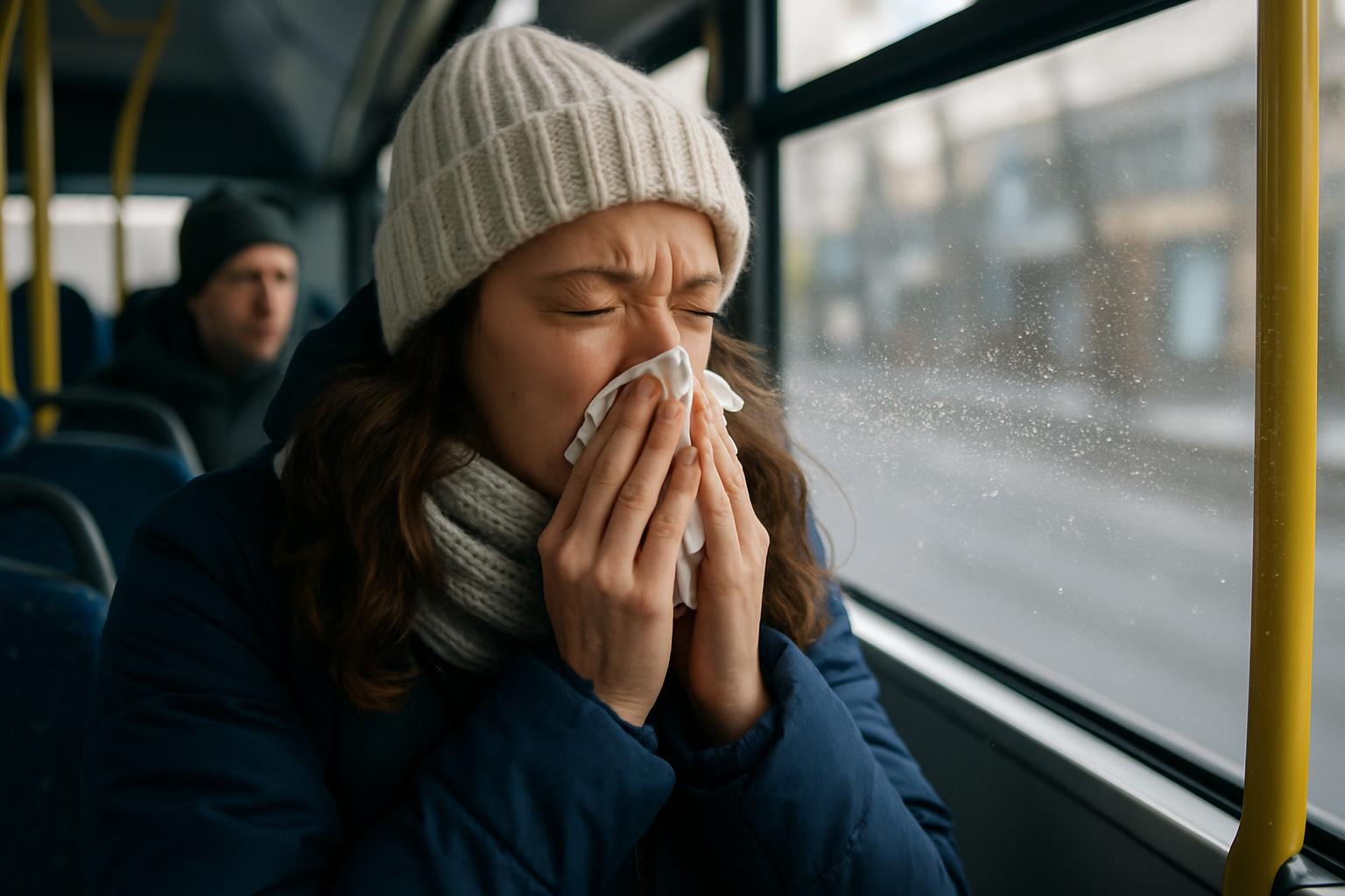 a mid-20 lady sneezing during winter season in a public bus, focusing on the contagious cold-virus micro-droplets spraying.