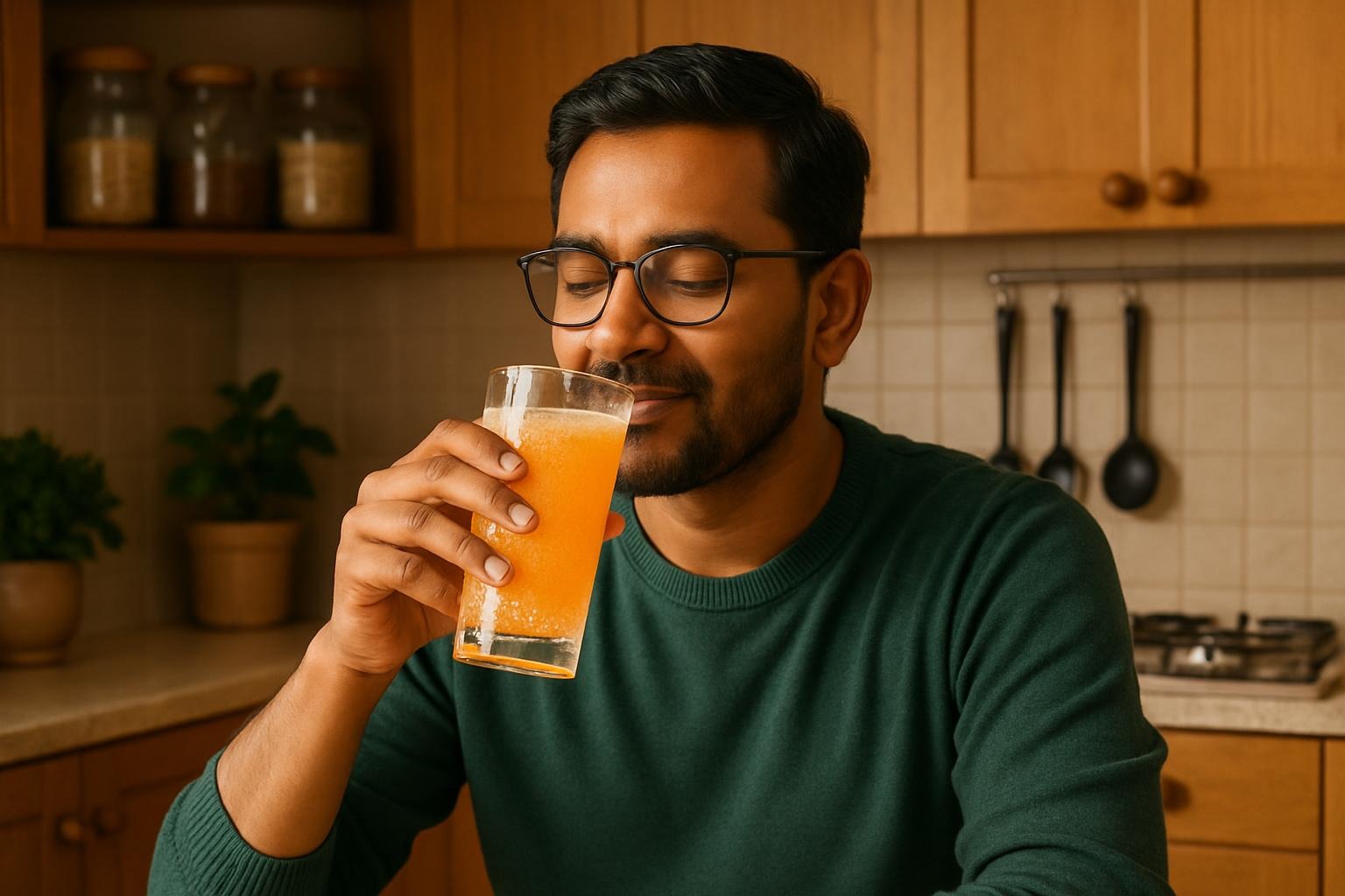 effevescence vitamin c drink by mid-30 man with glasses in kitchen