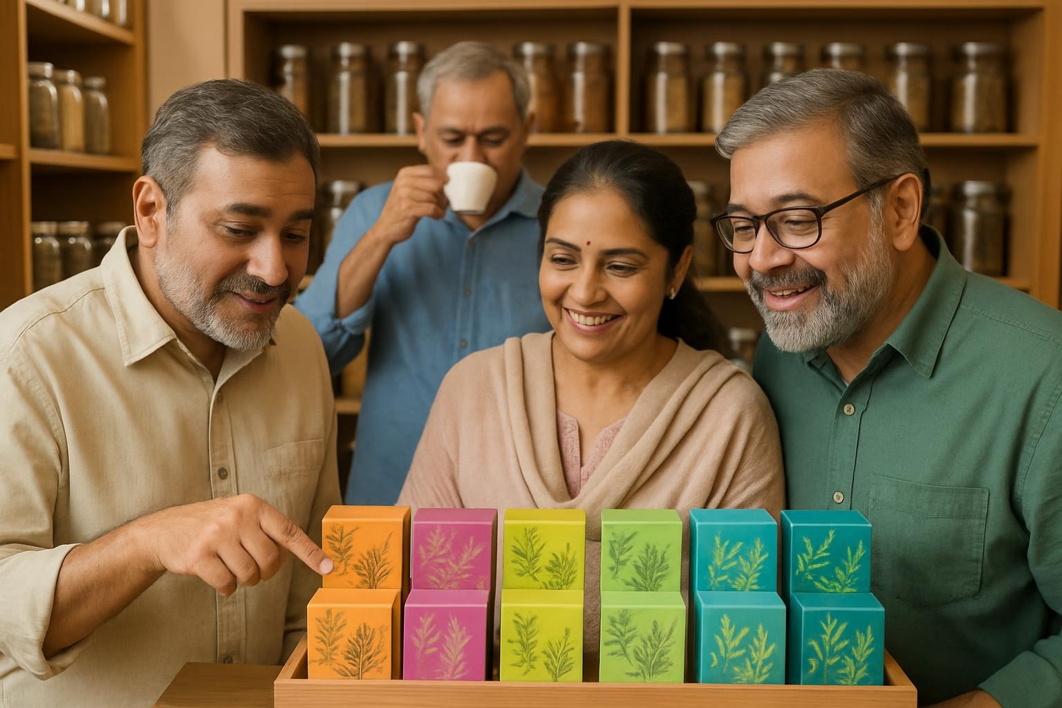  a group of middle-age south-asian community exploring different herbal tea option on display in a store while one of them drinking one warm herbal tea in the background