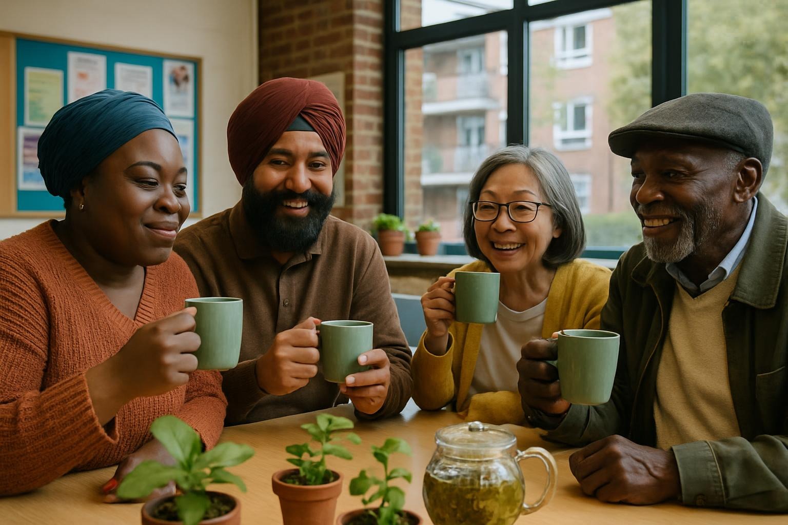 diverse newham residents drinking herbal tea in the community