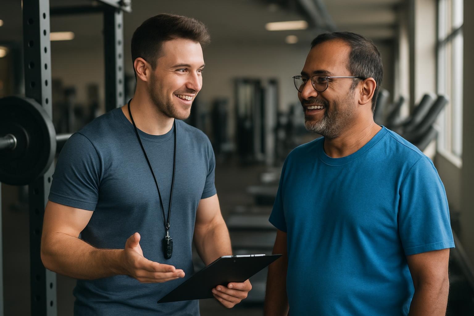 A mid-30 male health coach working  with a 45-year-old Bangladeshi Male 
